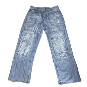 Azzure Patchwork Sz 36x34 Light Wash Button Fly Distressed Bootcut Denim Jeans